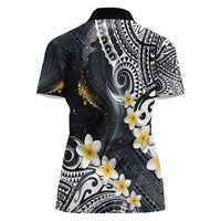 Polynesian Tribal Tattoo Women Polo Shirt Plumeria Black Gold Marble Pattern