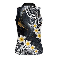 Polynesian Tribal Tattoo Women Sleeveless Polo Shirt Plumeria Black Gold Marble Pattern