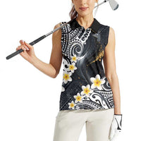 Polynesian Tribal Tattoo Women Sleeveless Polo Shirt Plumeria Black Gold Marble Pattern