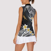 Polynesian Tribal Tattoo Women Sleeveless Polo Shirt Plumeria Black Gold Marble Pattern