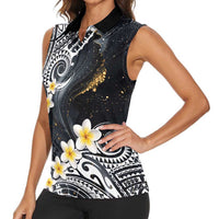 Polynesian Tribal Tattoo Women Sleeveless Polo Shirt Plumeria Black Gold Marble Pattern
