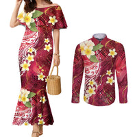 Polynesian Tribal Tattoo Couples Matching Mermaid Dress and Long Sleeve Button Shirt Plumeria Blood Red and Gold Marble Pattern