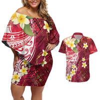 Polynesian Tribal Tattoo Couples Matching Off Shoulder Short Dress and Hawaiian Shirt Plumeria Blood Red and Gold Marble Pattern