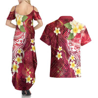 Polynesian Tribal Tattoo Couples Matching Summer Maxi Dress and Hawaiian Shirt Plumeria Blood Red and Gold Marble Pattern