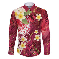 Polynesian Tribal Tattoo Family Matching Off Shoulder Maxi Dress and Hawaiian Shirt Plumeria Blood Red and Gold Marble Pattern LT9 Dad's Shirt - Long Sleeve Red - Polynesian Pride
