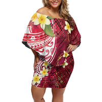 Polynesian Tribal Tattoo Family Matching Off Shoulder Short Dress and Hawaiian Shirt Plumeria Blood Red and Gold Marble Pattern