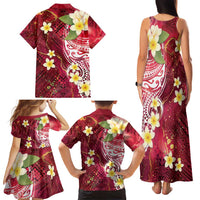 Polynesian Tribal Tattoo Family Matching Tank Maxi Dress and Hawaiian Shirt Plumeria Blood Red and Gold Marble Pattern