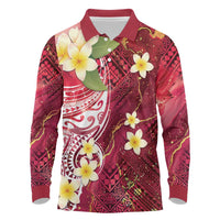 Polynesian Tribal Tattoo Long Sleeve Polo Shirt Plumeria Blood Red and Gold Marble Pattern