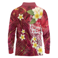 Polynesian Tribal Tattoo Long Sleeve Polo Shirt Plumeria Blood Red and Gold Marble Pattern