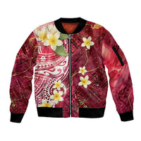 Polynesian Tribal Tattoo Sleeve Zip Bomber Jacket Plumeria Blood Red and Gold Marble Pattern