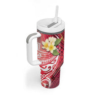Polynesian Tribal Tattoo Tumbler With Handle Plumeria Blood Red and Gold Marble Pattern