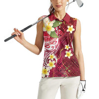 Polynesian Tribal Tattoo Women Sleeveless Polo Shirt Plumeria Blood Red and Gold Marble Pattern