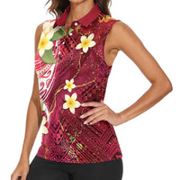 Polynesian Tribal Tattoo Women Sleeveless Polo Shirt Plumeria Blood Red and Gold Marble Pattern