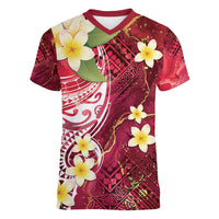 Polynesian Tribal Tattoo Women V-Neck T-Shirt Plumeria Blood Red and Gold Marble Pattern