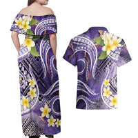 Polynesian Tribal Tattoo Couples Matching Off Shoulder Maxi Dress and Hawaiian Shirt Plumeria Purple Marble Pattern