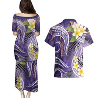 Polynesian Tribal Tattoo Couples Matching Puletasi and Hawaiian Shirt Plumeria Purple Marble Pattern