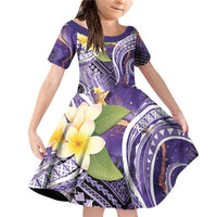 Polynesian Tribal Tattoo Family Matching Off Shoulder Short Dress and Hawaiian Shirt Plumeria Purple Marble Pattern
