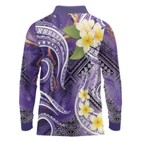 Polynesian Tribal Tattoo Long Sleeve Polo Shirt Plumeria Purple Marble Pattern