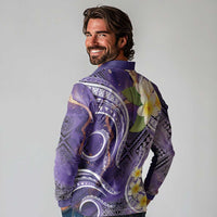 Polynesian Tribal Tattoo Long Sleeve Polo Shirt Plumeria Purple Marble Pattern