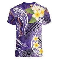 Polynesian Tribal Tattoo Women V-Neck T-Shirt Plumeria Purple Marble Pattern