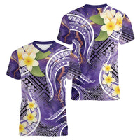 Polynesian Tribal Tattoo Women V-Neck T-Shirt Plumeria Purple Marble Pattern
