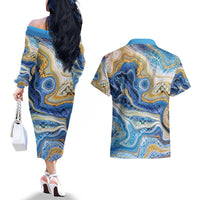 Polynesian Tribal Tattoo Couples Matching Off The Shoulder Long Sleeve Dress and Hawaiian Shirt Swirling Ocean Marble Pattern