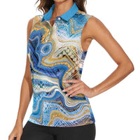 Polynesian Tribal Tattoo Women Sleeveless Polo Shirt Swirling Ocean Marble Pattern