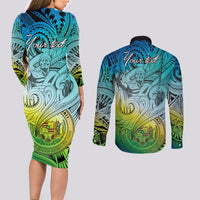 Personalised Aloha King Kamehameha Spirits Couples Matching Long Sleeve Bodycon Dress and Long Sleeve Button Shirt Art Special LT9 - Polynesian Pride