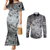 Personalised Aloha King Kamehameha Spirits Couples Matching Mermaid Dress and Long Sleeve Button Shirt Grey Special LT9 Grey - Polynesian Pride