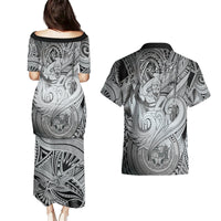 Personalised Aloha King Kamehameha Spirits Couples Matching Puletasi and Hawaiian Shirt Grey Special LT9 - Polynesian Pride