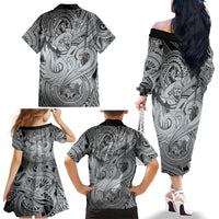Personalised Aloha King Kamehameha Spirits Family Matching Off Shoulder Long Sleeve Dress and Hawaiian Shirt Grey Special LT9 - Polynesian Pride