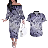 Personalised Aloha King Kamehameha Spirits Couples Matching Off The Shoulder Long Sleeve Dress and Hawaiian Shirt Violet Special LT9 Violet - Polynesian Pride