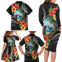 Hafa Adai Guam Family Matching Long Sleeve Bodycon Dress and Hawaiian Shirt Guahan Seal Chamorro Stones Tribal