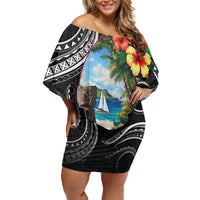 Hafa Adai Guam Family Matching Off Shoulder Short Dress and Hawaiian Shirt Guahan Seal Chamorro Stones Tribal