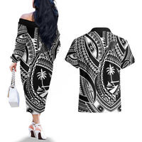 Hafa Adai Guam Inspired Tattoo Couples Matching Off The Shoulder Long Sleeve Dress and Hawaiian Shirt