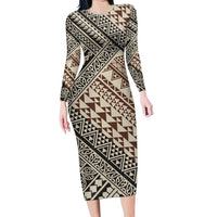 Niho Taniwha Kowhaiwhai Long Sleeve Bodycon Dress LT9 Long Dress Beige - Polynesian Pride