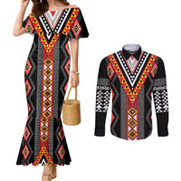 Niho Taniwha Taniko Motif Couples Matching Mermaid Dress and Long Sleeve Button Shirt LT9 Red - Polynesian Pride