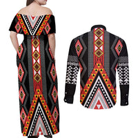 Niho Taniwha Taniko Motif Couples Matching Off Shoulder Maxi Dress and Long Sleeve Button Shirt LT9 - Polynesian Pride