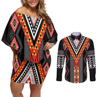Niho Taniwha Taniko Motif Couples Matching Off Shoulder Short Dress and Long Sleeve Button Shirt LT9 Red - Polynesian Pride
