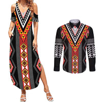 Niho Taniwha Taniko Motif Couples Matching Summer Maxi Dress and Long Sleeve Button Shirt LT9 Red - Polynesian Pride
