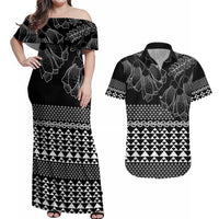 Black Taniko Kowhaiwhai Tukutuku Motif Couples Matching Off Shoulder Maxi Dress and Hawaiian Shirt