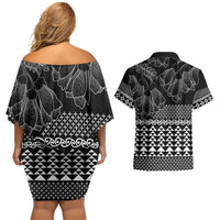 Black Taniko Kowhaiwhai Tukutuku Motif Couples Matching Off Shoulder Short Dress and Hawaiian Shirt