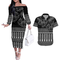 Black Taniko Kowhaiwhai Tukutuku Motif Couples Matching Off The Shoulder Long Sleeve Dress and Hawaiian Shirt