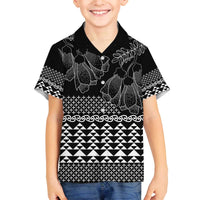 Black Taniko Kowhaiwhai Tukutuku Motif Family Matching Off The Shoulder Long Sleeve Dress and Hawaiian Shirt