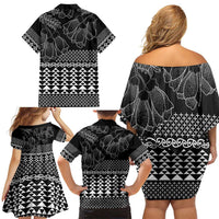 Black Taniko Kowhaiwhai Tukutuku Motif Family Matching Off Shoulder Short Dress and Hawaiian Shirt