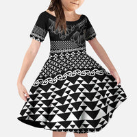 Black Taniko Kowhaiwhai Tukutuku Motif Family Matching Short Sleeve Bodycon Dress and Hawaiian Shirt LT9 Daughter's Dress Black - Polynesian Pride