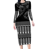 Black Taniko Kowhaiwhai Tukutuku Motif Long Sleeve Bodycon Dress LT9 Long Dress Black - Polynesian Pride