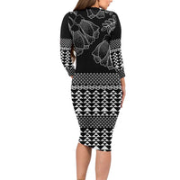 Black Taniko Kowhaiwhai Tukutuku Motif Long Sleeve Bodycon Dress LT9 - Polynesian Pride