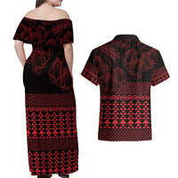 Red Taniko Kowhaiwhai Tukutuku Motif Couples Matching Off Shoulder Maxi Dress and Hawaiian Shirt