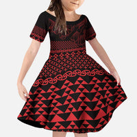 Red Taniko Kowhaiwhai Tukutuku Motif Family Matching Mermaid Dress and Hawaiian Shirt LT9 Daughter's Dress Red - Polynesian Pride
